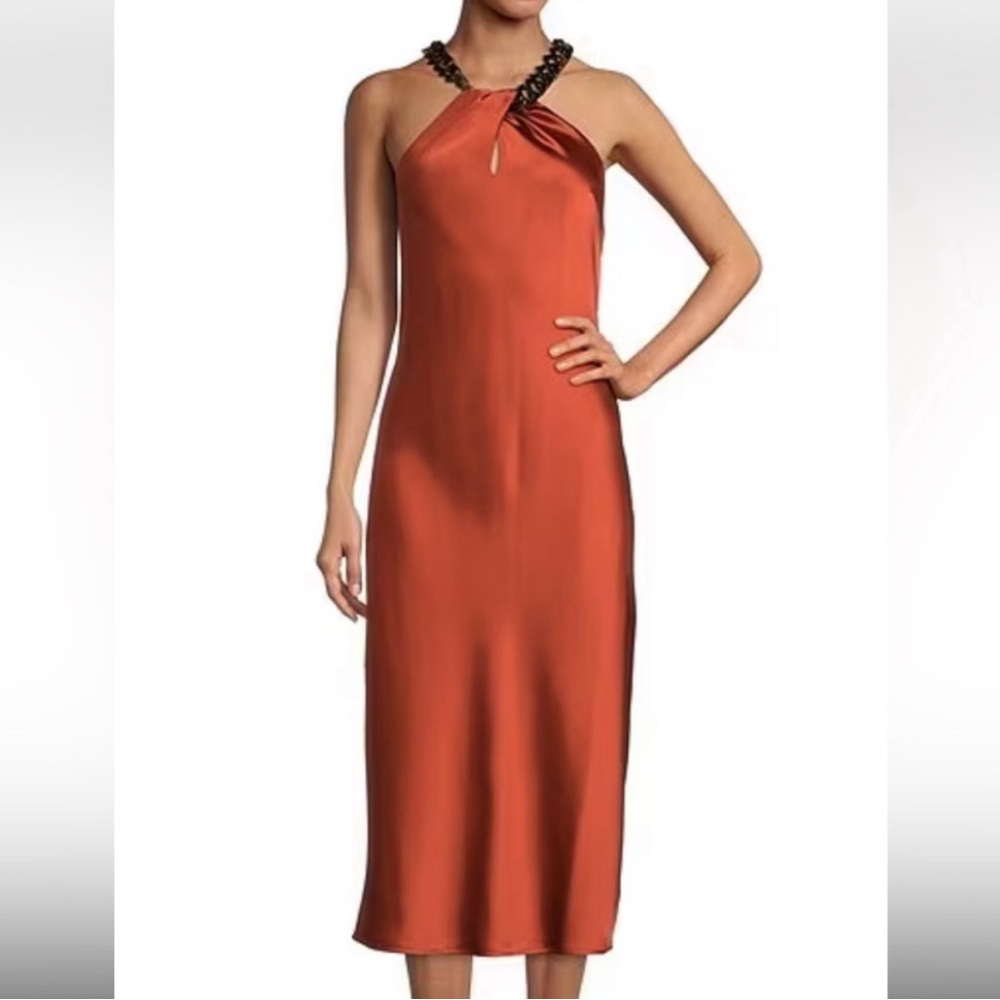 Gianni Bini Everlee Midi Dress Burnt Orange satin Tortoise Chain Neck NWT Sz 4